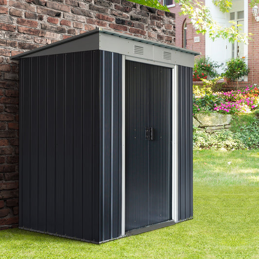 6' x 4' Outdoor Storage Shed, Metal Garden Tool Storage House Organizer with Lockable Sliding Doors and Vents for Backyard Patio Lawn, Charcoal Grey - Gallery Canada