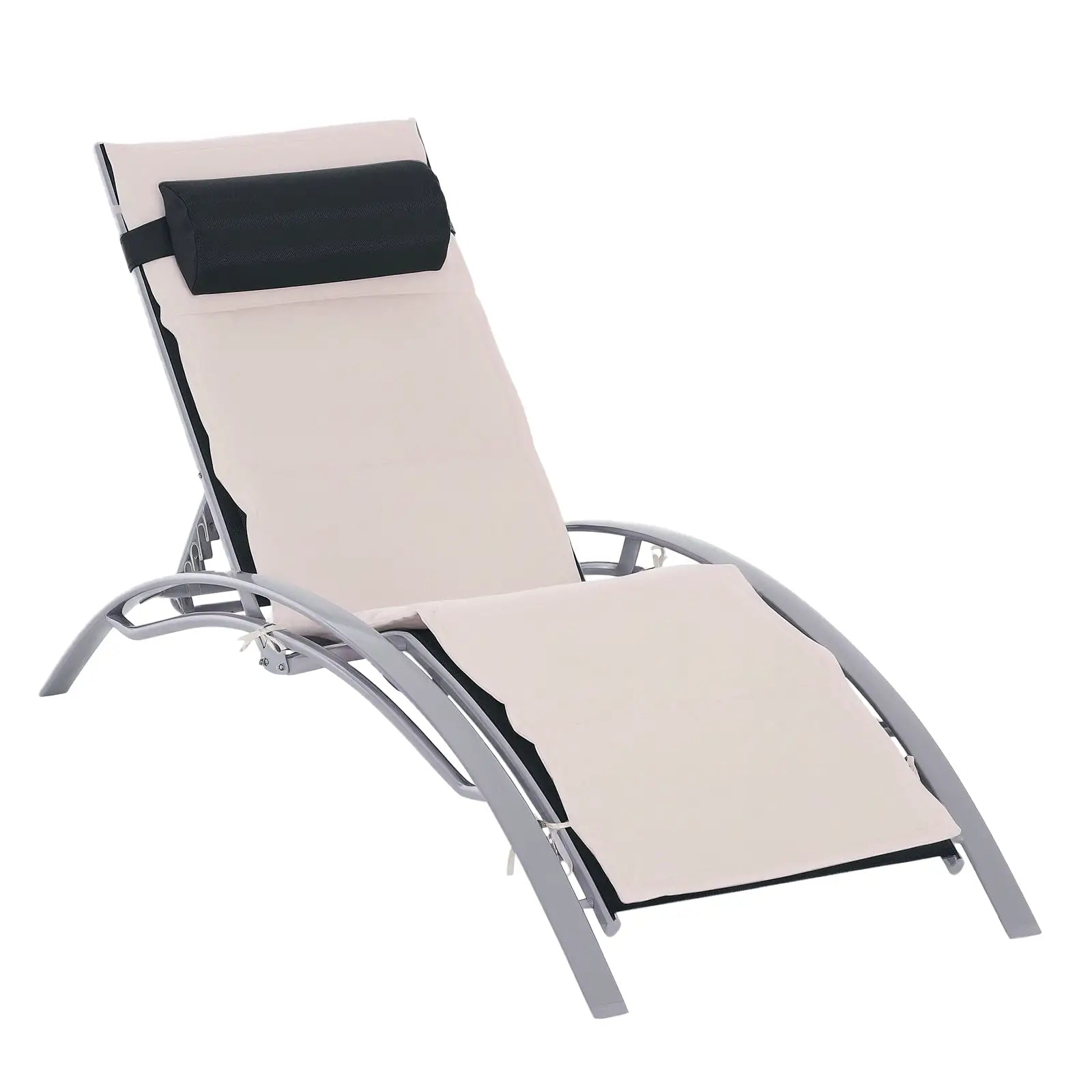 Aluminum Patio Tanning Chair, Soft Padded Seat, Adjustable Backrest, Beige Lounger Chairs Black texilene, white cushion at Gallery Canada