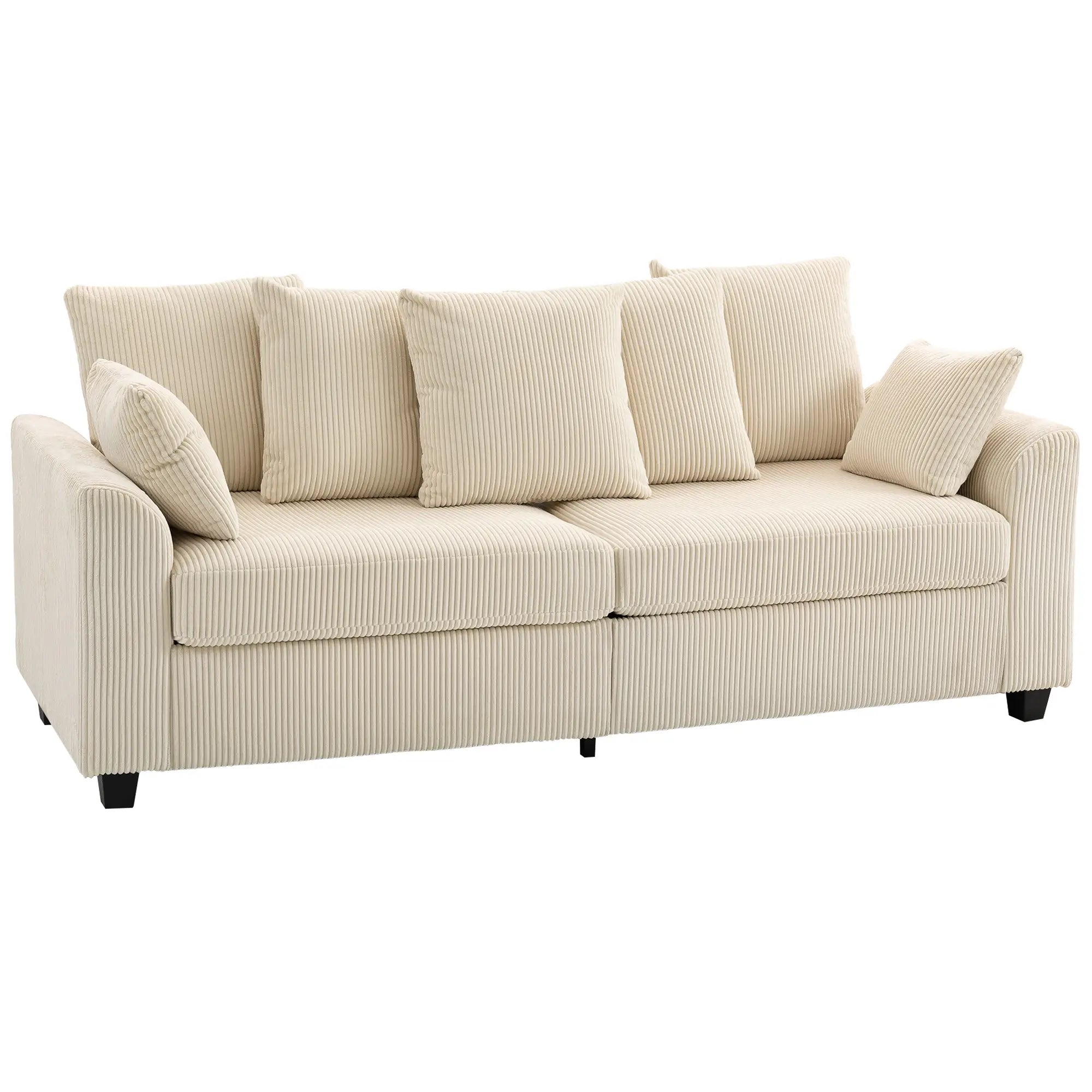 Corduroy Couch, 3 Seater Sofa, Modern with Curved Armrests, 8 Pillows, Beige 3-Seater Sofas Beige at Gallery Canada