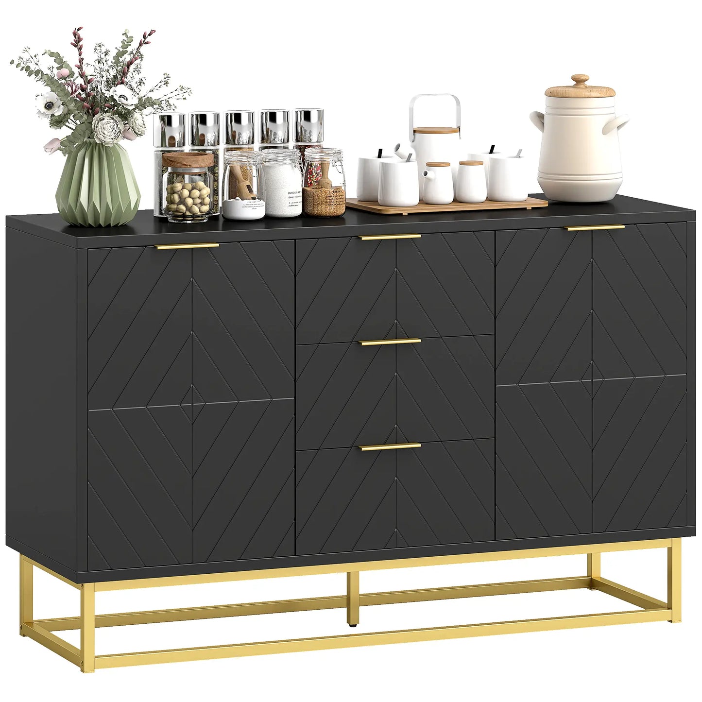 Sideboard Storage Cabinet, 3 Drawers, Adjustable Shelves, Black Kitchen Pantry Cabinets Black at Gallery Canada