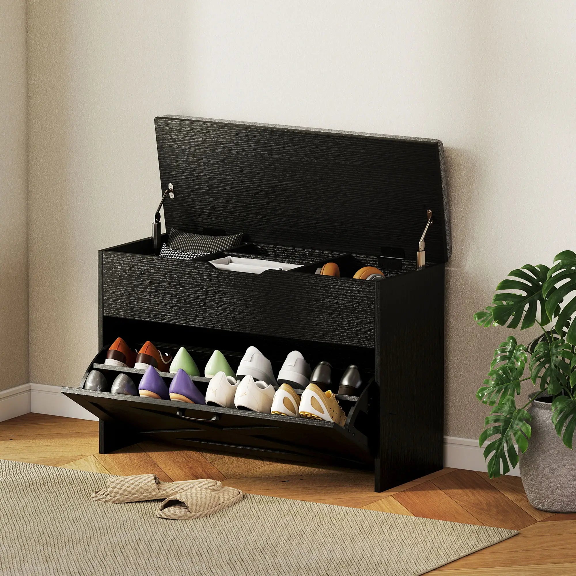 Shoe Storage Bench with Flip Drawer, Lift Top, Seat Cushion, Black Shoe Storage Cabinets & Racks at Gallery Canada