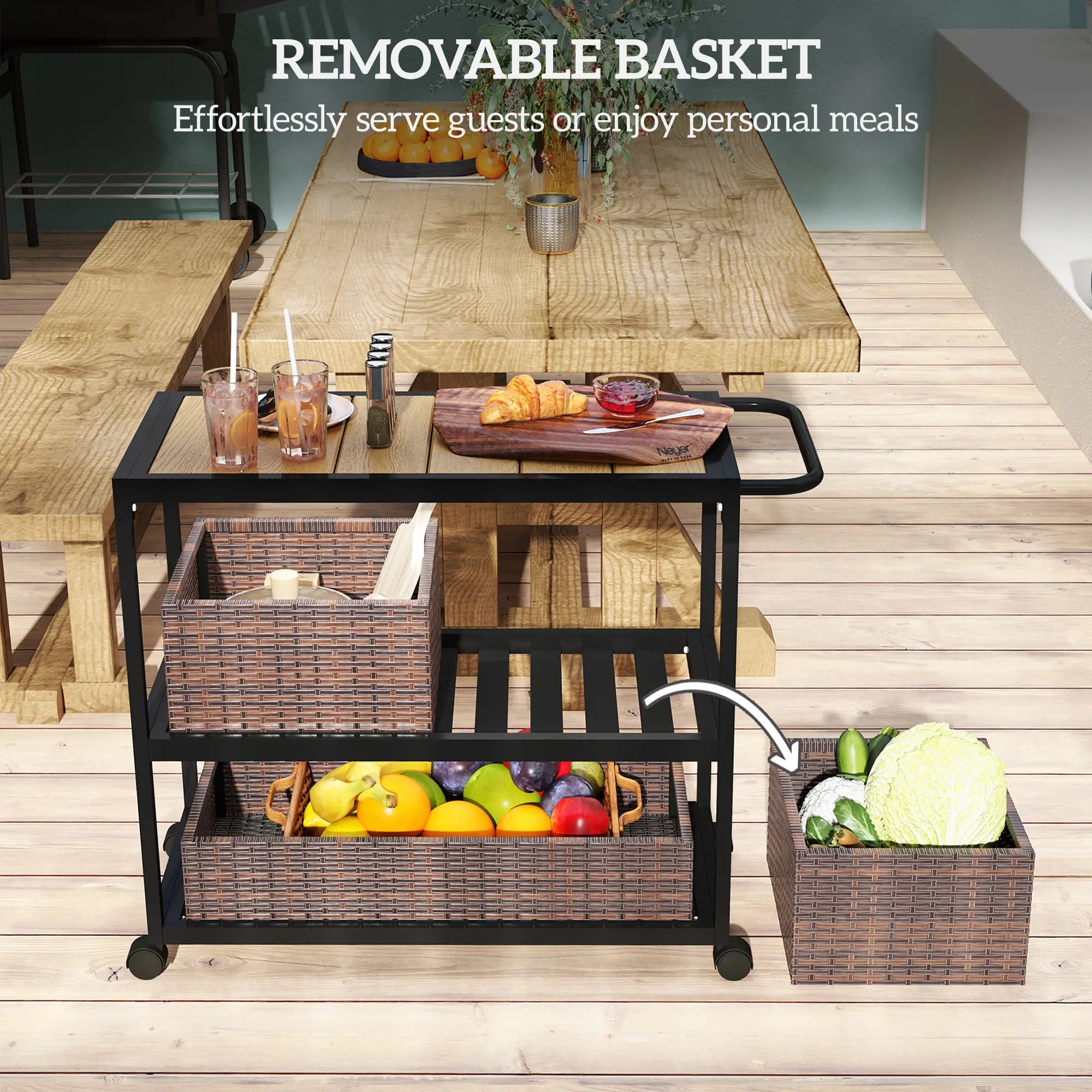 Outdoor Bar Cart, 3-Tier Rolling Cart With Removable Rattan Basket, Mixed-Brown Outdoor Grill Carts at Gallery Canada