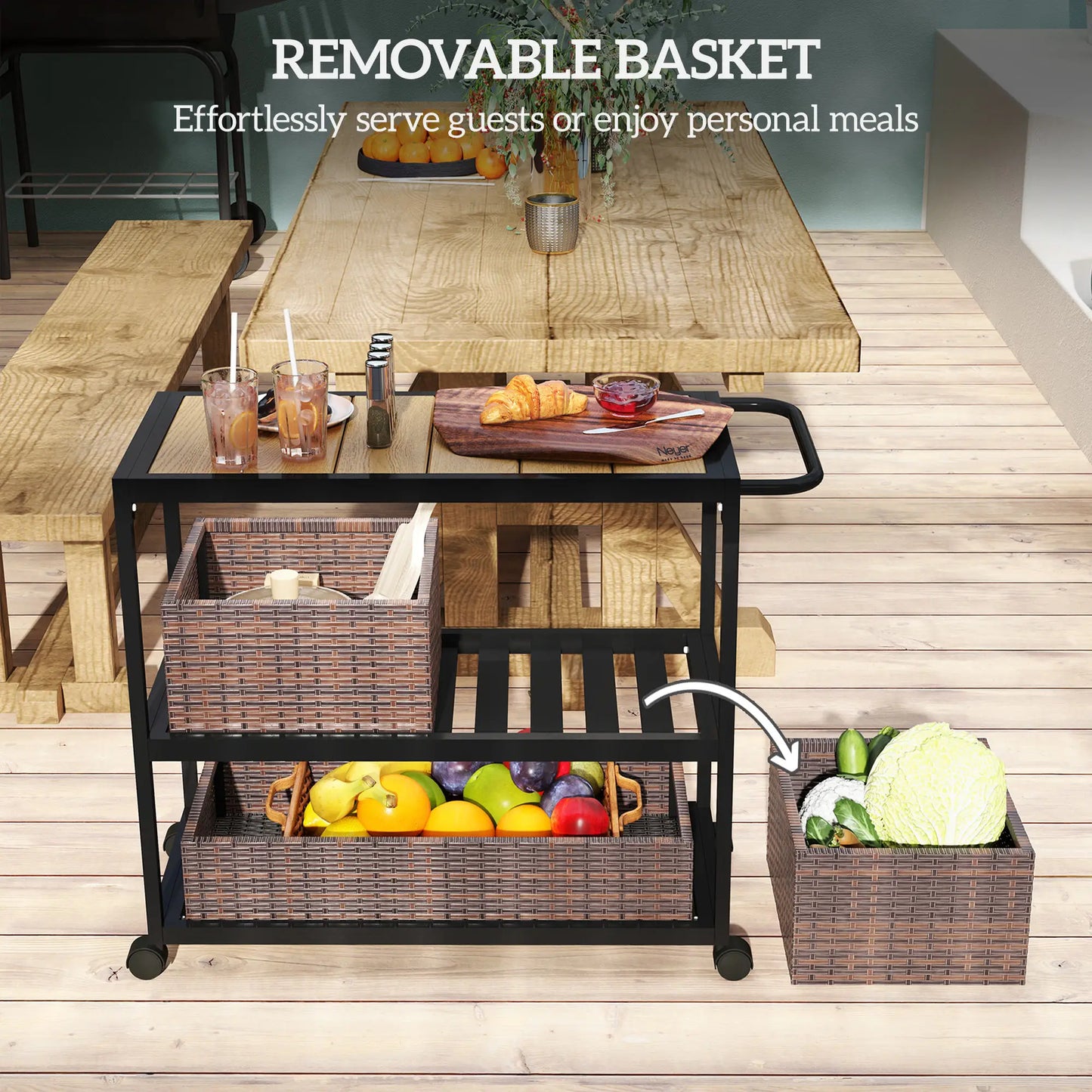 Outdoor Bar Cart, 3-Tier Rolling Cart With Removable Rattan Basket, Mixed-Brown Outdoor Grill Carts at Gallery Canada