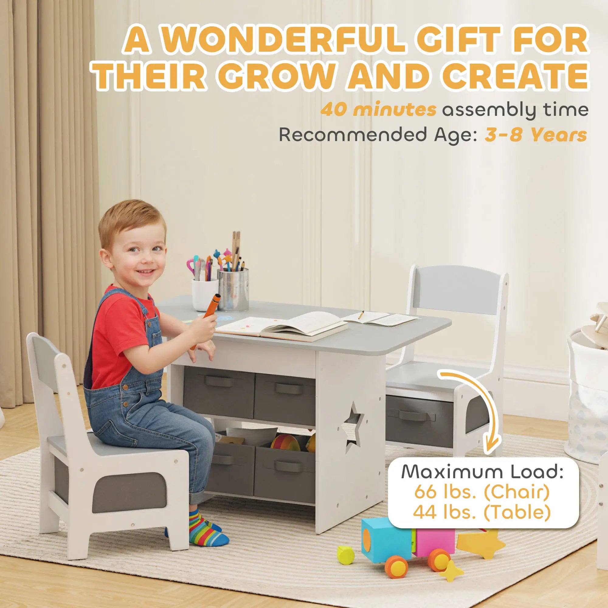 3 Piece Kids Table and Chair Set, 6 Removable Drawers, Light Grey Kids Table Sets at Gallery Canada