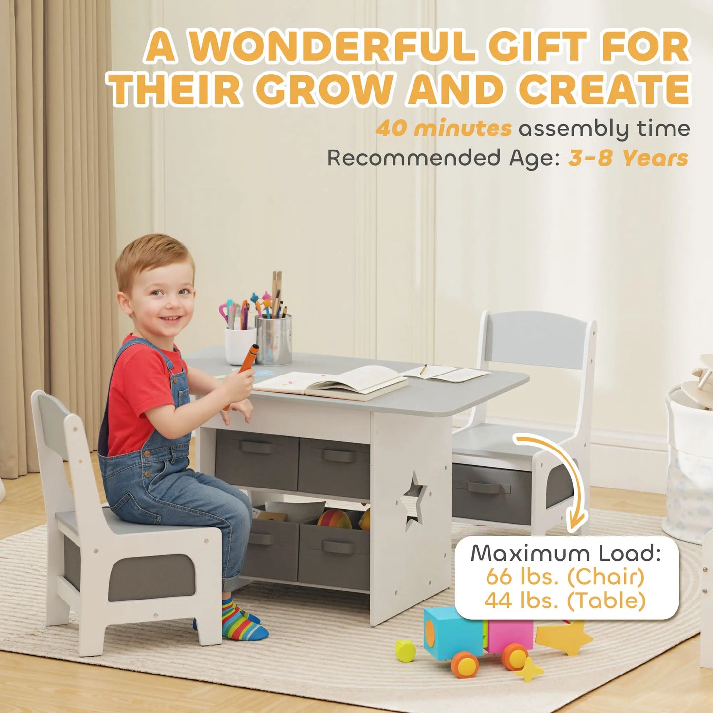 3 Piece Kids Table and Chair Set, 6 Removable Drawers, Light Grey Kids Table Sets at Gallery Canada