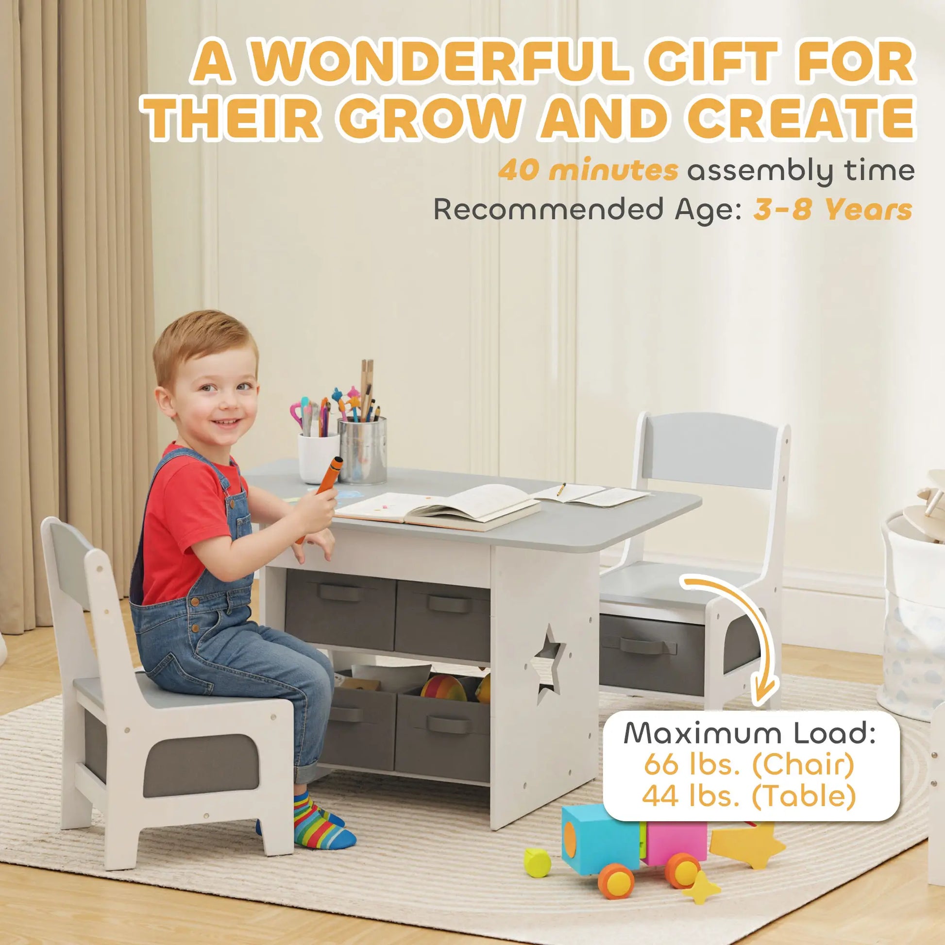 3 Piece Kids Table and Chair Set, 6 Removable Drawers, Light Grey Kids Table Sets at Gallery Canada