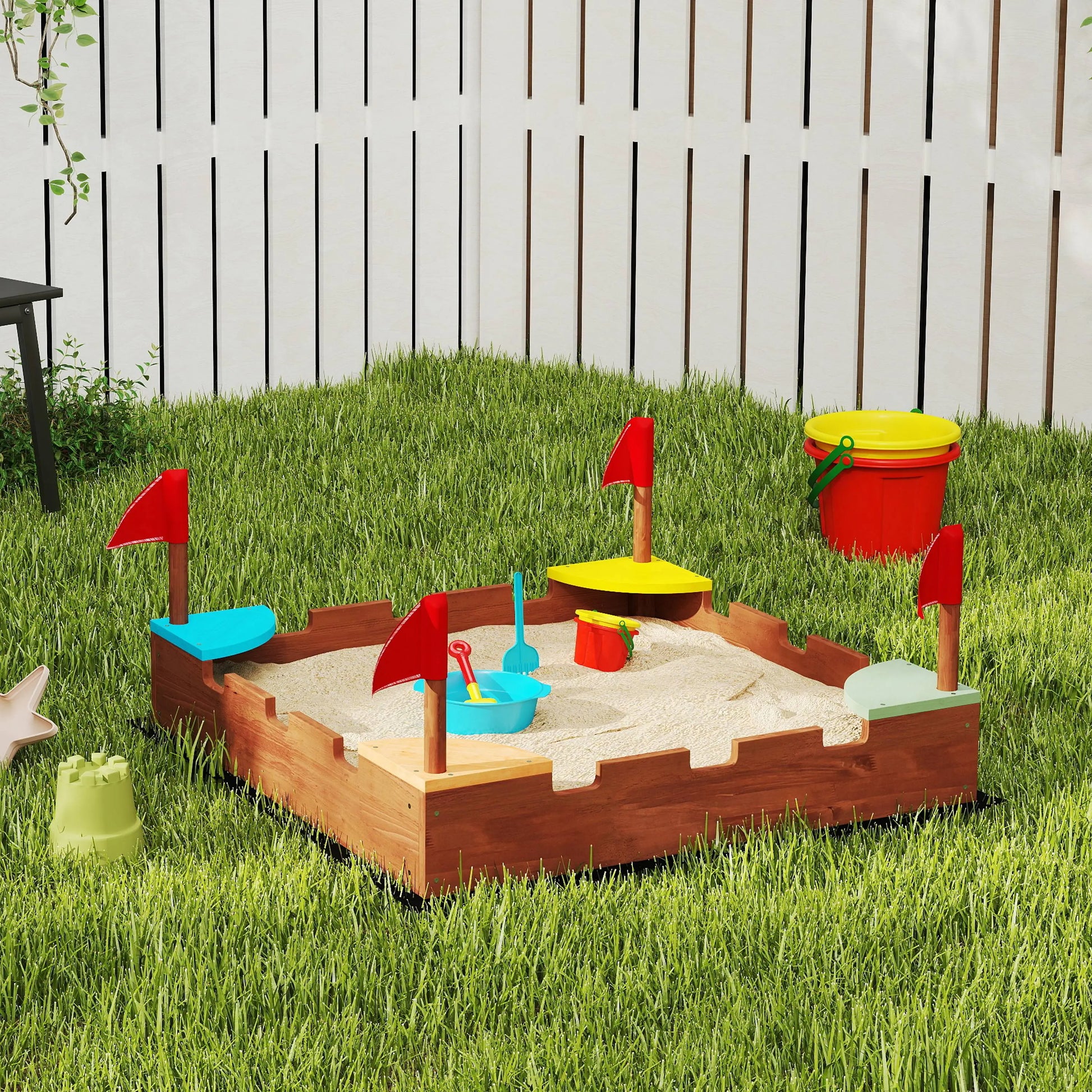 Kids Wooden Sandbox, 4 Colorful Seats, Ground Liner, Brown Sandboxes & Accessories at Gallery Canada