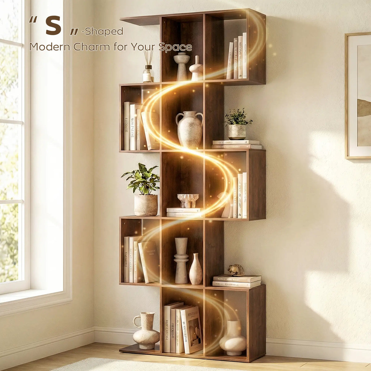 5-Tier S Shaped Geometric Bookshelf, 15 Compartments, Black Wood Grain, Black Display Bookshelves at Gallery Canada