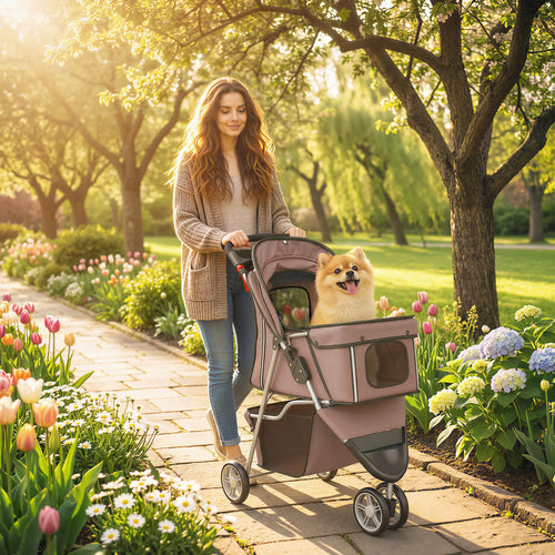 3 Wheels Foldable Dog Stroller, Storage Basket, Adjustable Canopy, Coffee