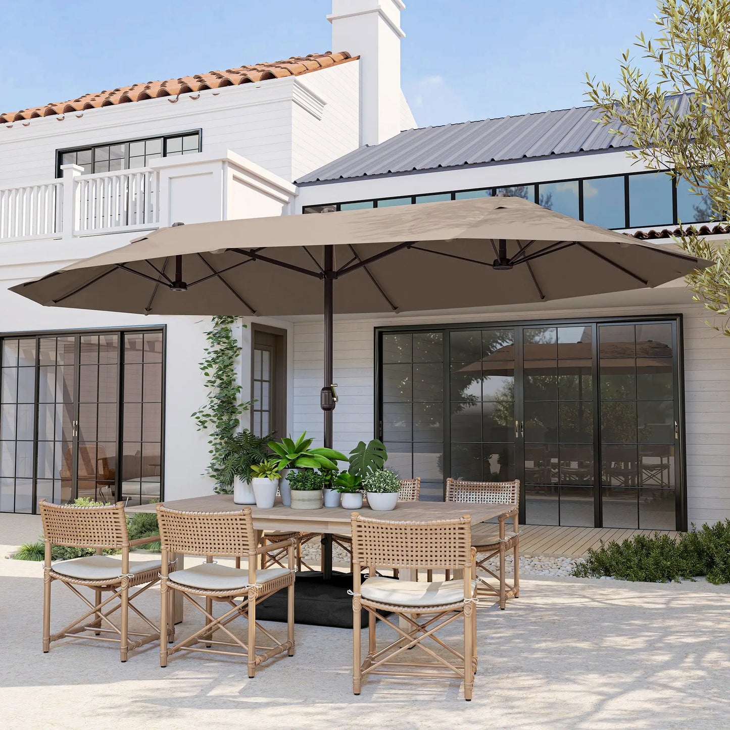 15' Outdoor Patio Umbrella, Twin Canopy, Lift Crank, Brown Sun Umbrellas at Gallery Canada