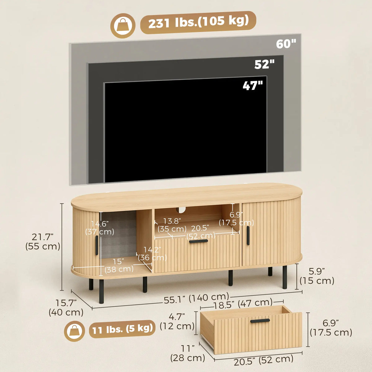 TV Stand for TVs up to 60", Modern Entertainment Center with Curved Sliding Doors and Storage, Natural Wood TV Stands at Gallery Canada