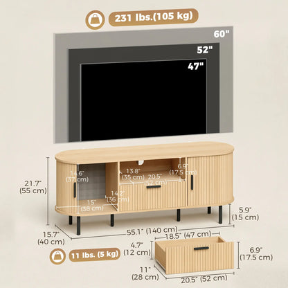 TV Stand for TVs up to 60", Modern Entertainment Center with Curved Sliding Doors and Storage, Natural Wood TV Stands at Gallery Canada