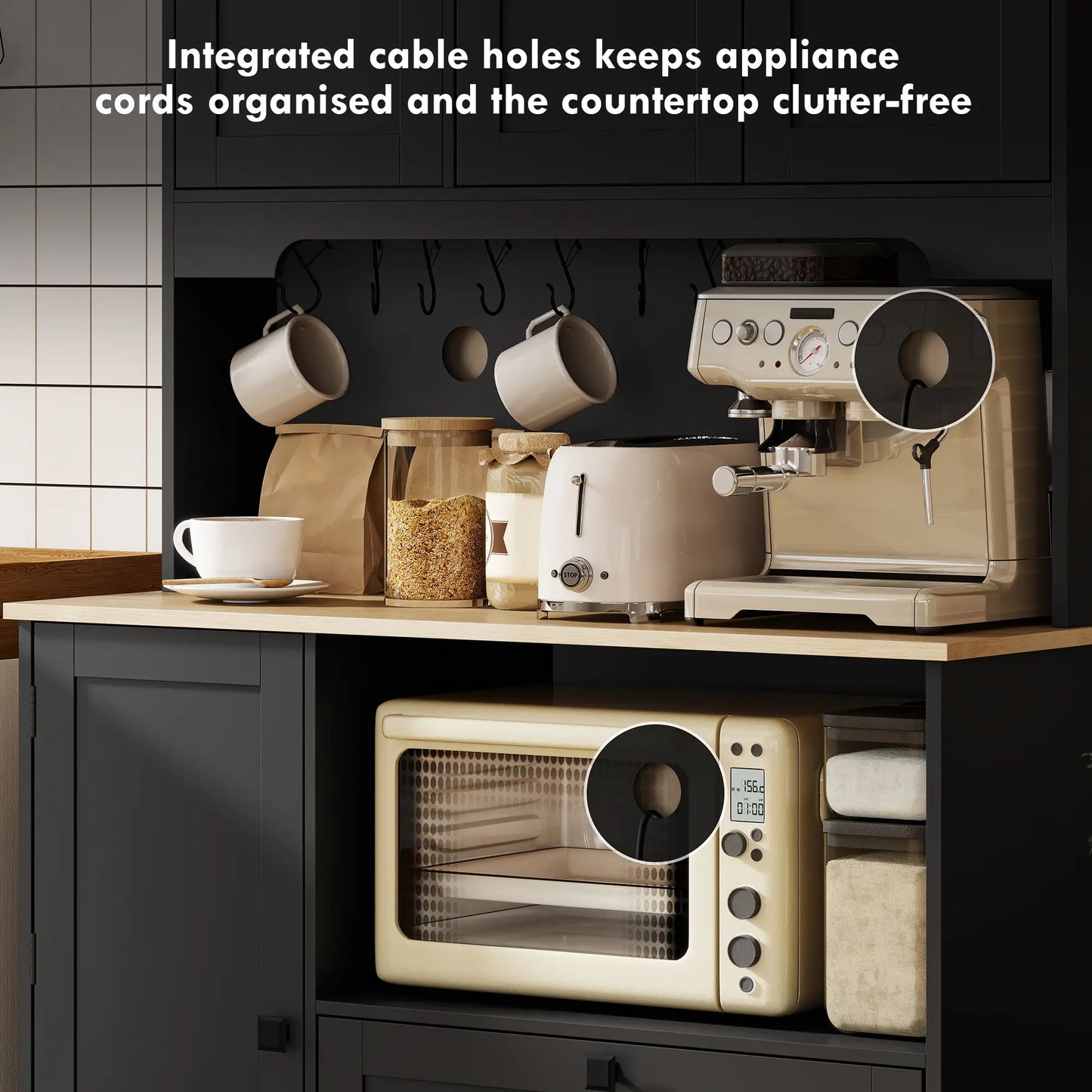 64" Kitchen Pantry Cabinet, 3 Cabinets, 2 Drawers, Adjustable Shelves, Black Kitchen Pantry Cabinets at Gallery Canada