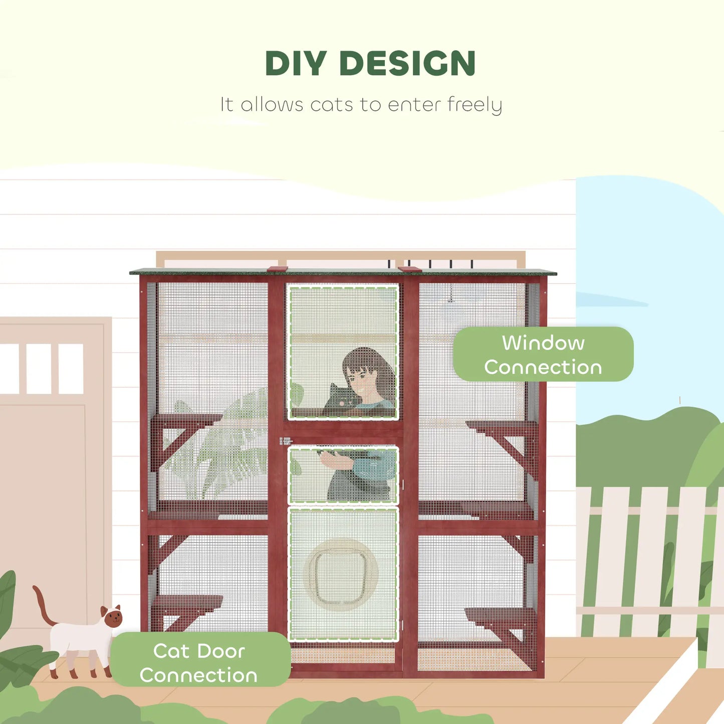 71" x 39" x 71" Cat Cage, Large Outdoor Wooden Cat Patio, 6 Platforms, Asphalt Roof, Wine Red Outdoor Cat Enclosures at Gallery Canada