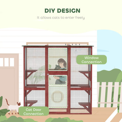 71" x 39" x 71" Cat Cage, Large Outdoor Wooden Cat Patio, 6 Platforms, Asphalt Roof, Wine Red Outdoor Cat Enclosures at Gallery Canada