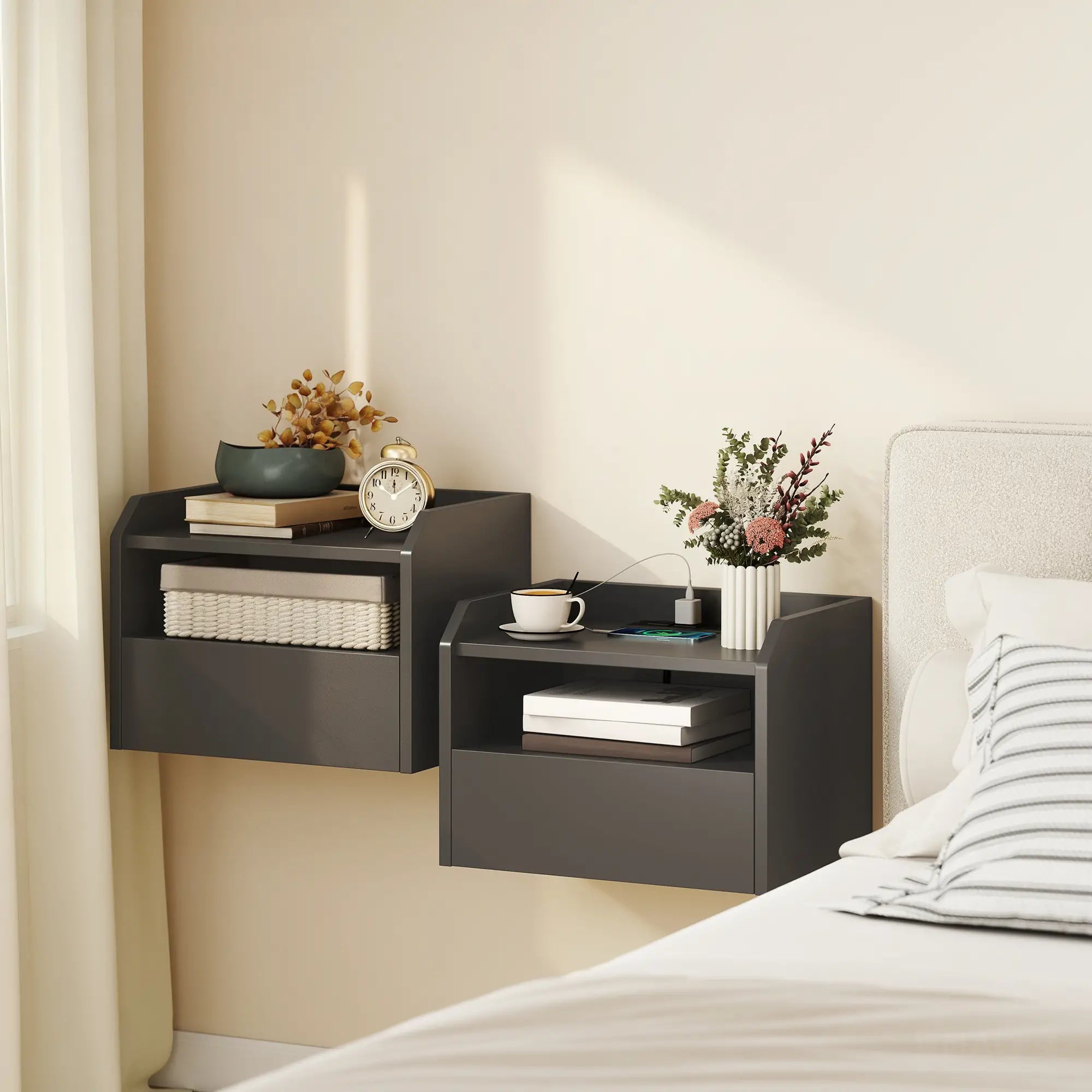 Wall Mounted Bedside Table, Set of 2 with Charging Station, Black Bedside Tables at Gallery Canada