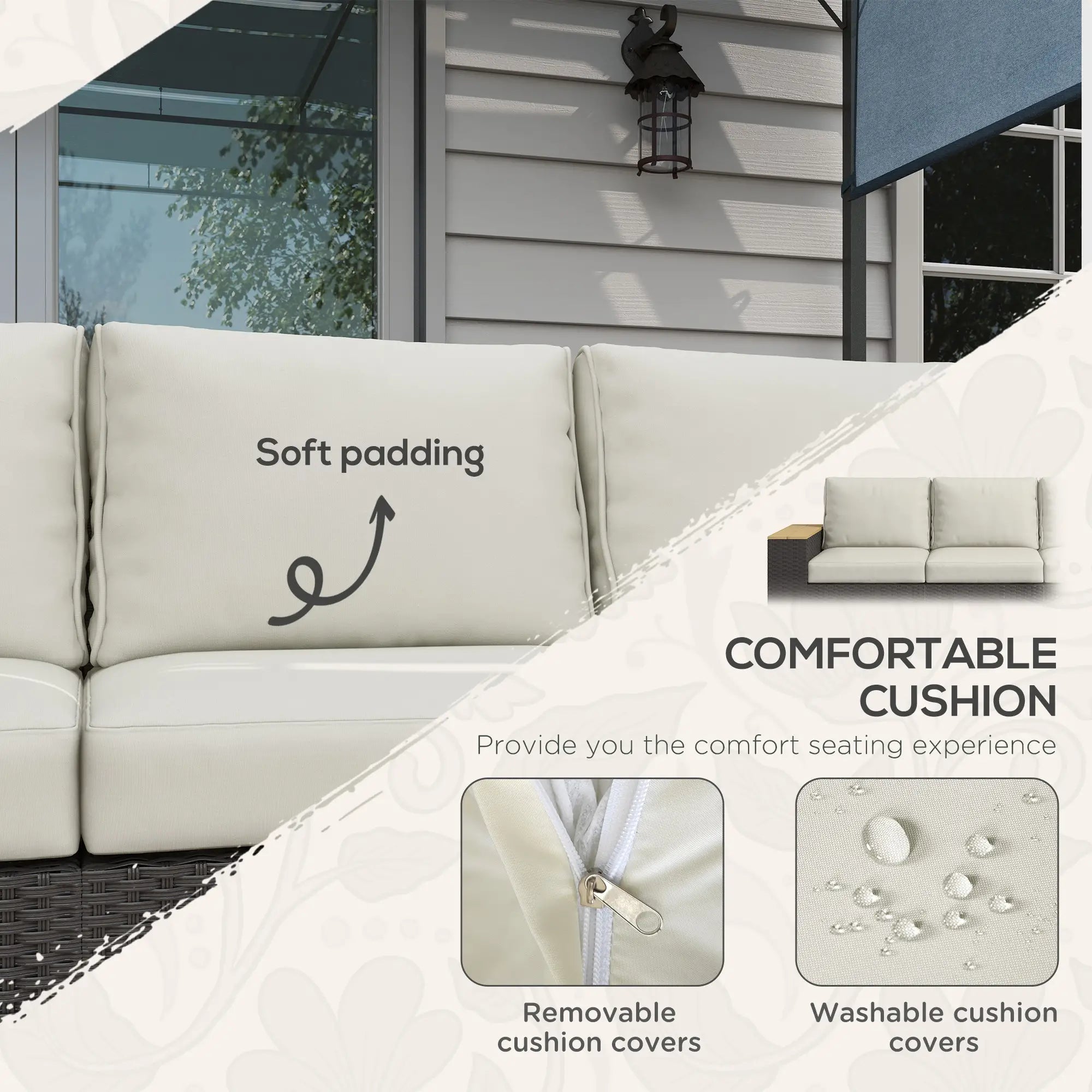 3-Seat Outdoor Couch with Cushions, PE Rattan, Wood Grain Armrests, Cream White Patio Furniture Sets at Gallery Canada