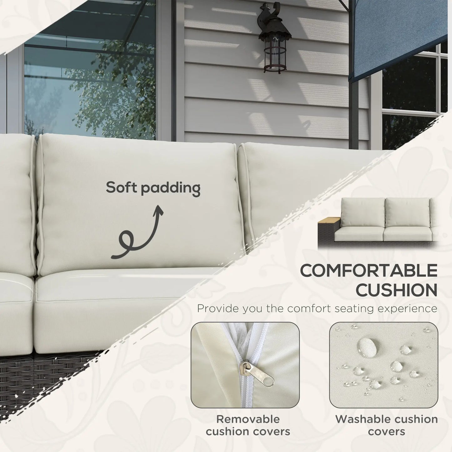 3-Seat Outdoor Couch with Cushions, PE Rattan, Wood Grain Armrests, Cream White Patio Furniture Sets at Gallery Canada