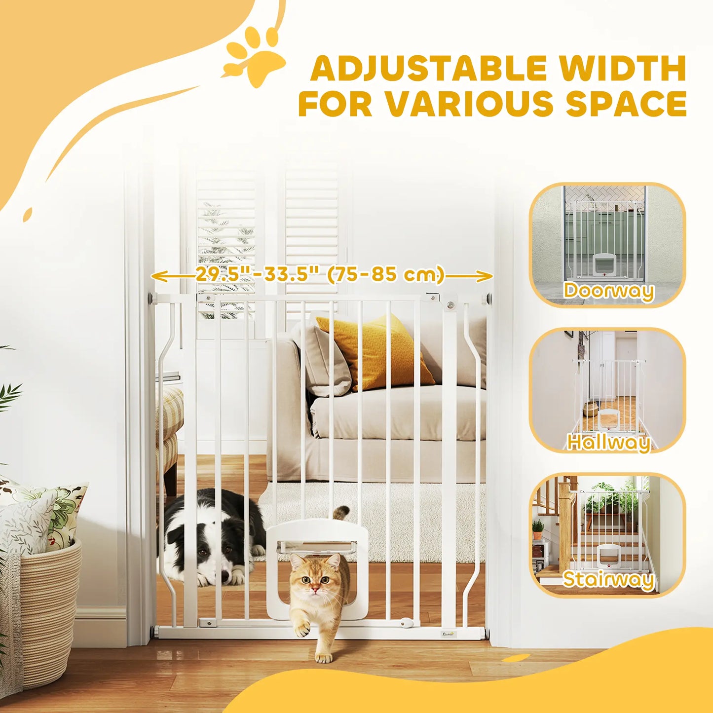 29.5-33.5" Adjustable Dog Gate with Cat Door, White