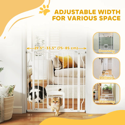29.5-33.5" Adjustable Dog Gate with Cat Door, White
