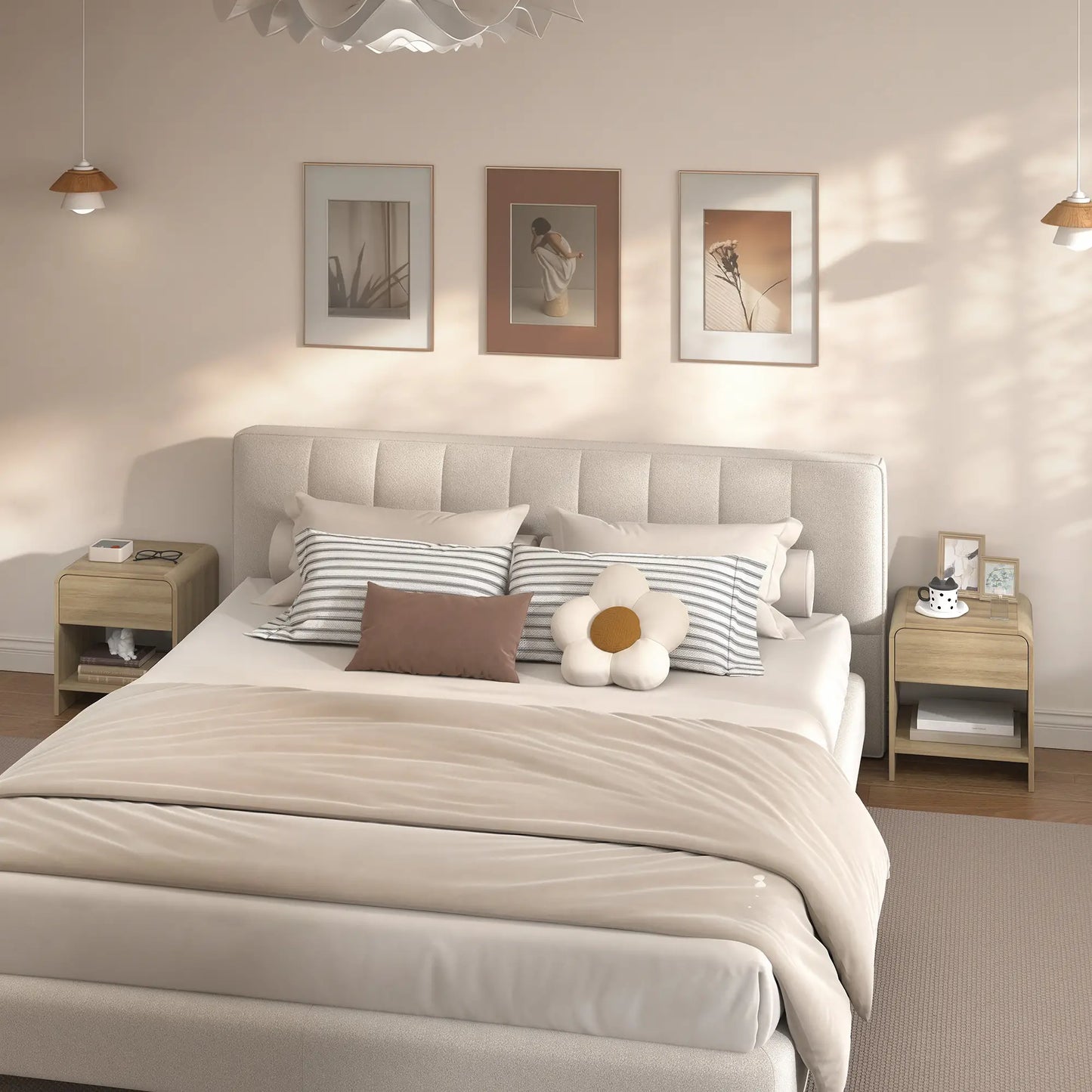 Modern Nightstand Set Of 2, Natural Wood, With Drawer And Open Shelf