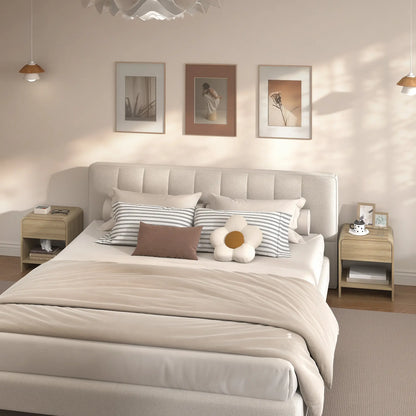 Modern Nightstand Set Of 2, Natural Wood, With Drawer And Open Shelf