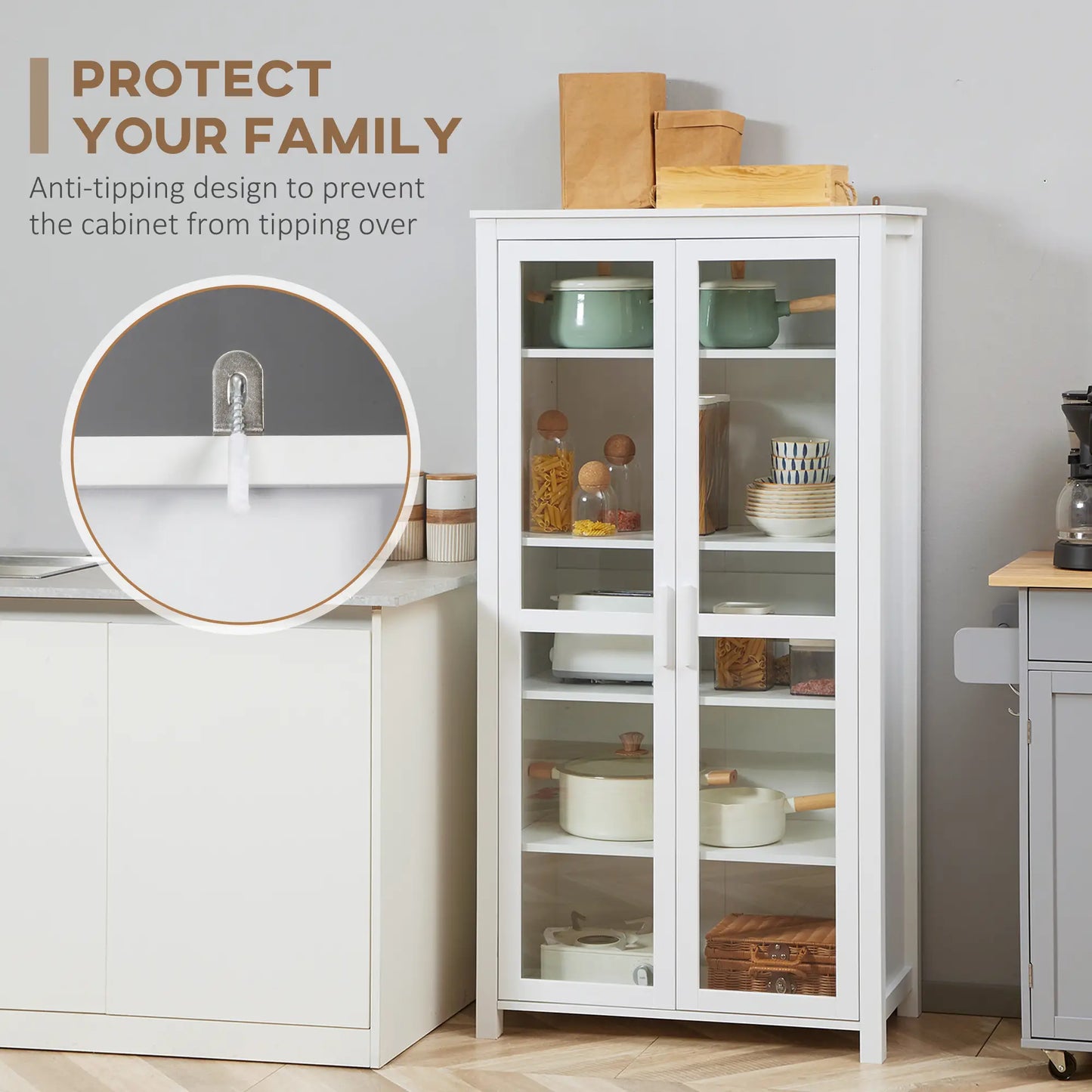 Freestanding Kitchen Pantry, 5-Tier Storage Cabinet, Adjustable Shelves, 2 Glass Doors, White