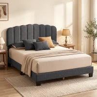 Cadre de lit Queen Size, Plateforme rembourrée, Tête de lit ajustable, Gris foncé, Gris foncé