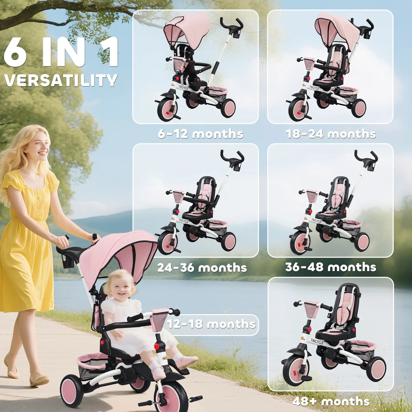 6 in 1 Toddler Tricycle, Push Handle, Removable Canopy, Rotatable Seat, Pink Tricycles for Kids at Gallery Canada