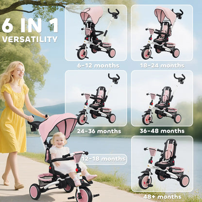 6 in 1 Toddler Tricycle, Push Handle, Removable Canopy, Rotatable Seat, Pink Tricycles for Kids at Gallery Canada