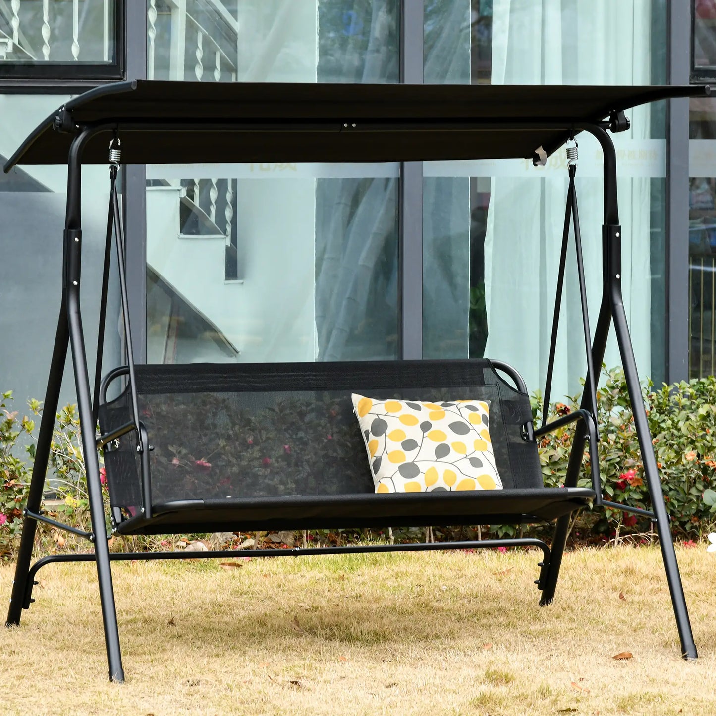 2-Person Porch Swing Chair, Adjustable Canopy, Breathable Seat, Black Patio Swings with Stand at Gallery Canada