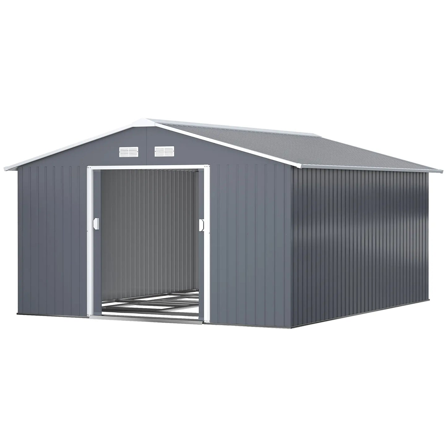11.2ft x 12.5ft Garden Storage Shed, 4 Vent Slots, Double Sliding Door, Grey Sheds Grey at Gallery Canada