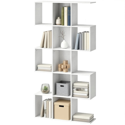 S-Shaped 5-Tier Bookshelf, 15 Compartments, White Wood Grain, White