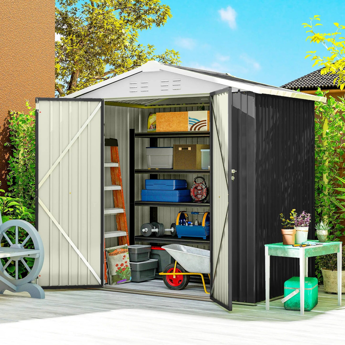 6.5' x 4' Metal Outdoor Storage Shed, Lockable Doors, 4 Vents, Dark Grey Sheds at Gallery Canada