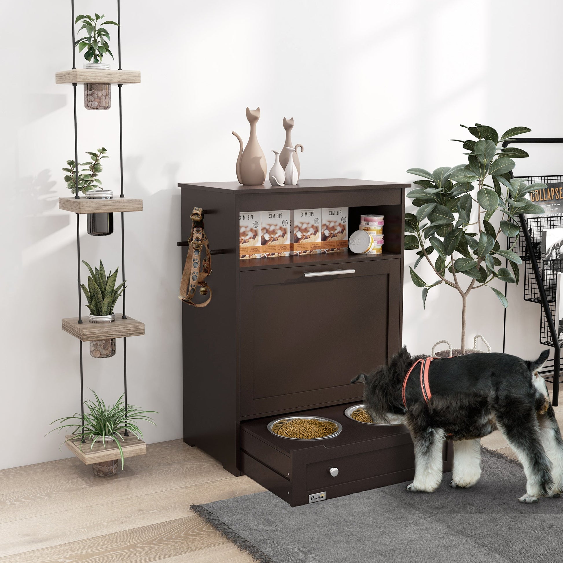 Pet Feeder Station Storage Cabinet, Dog Food Storage Container with Dog Raised Bowls, Watering Supplies, Coffee at Gallery Canada