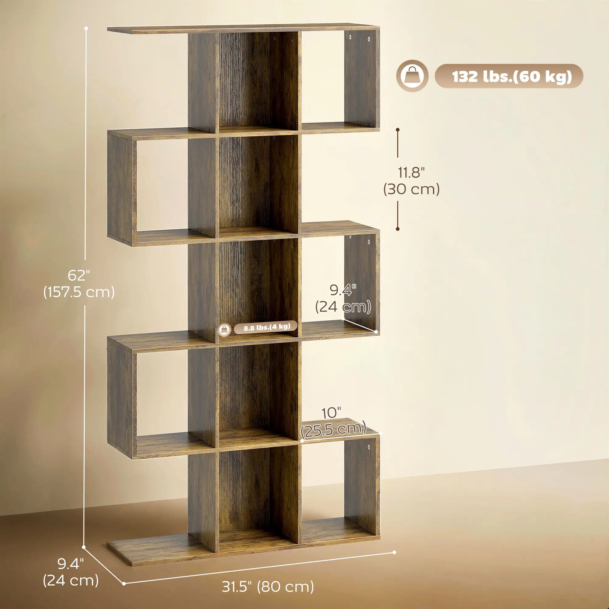 5-Tier S-Shaped Bookshelf, 15 Compartments, Rustic Brown, Rustic Brown Display Bookshelves at Gallery Canada