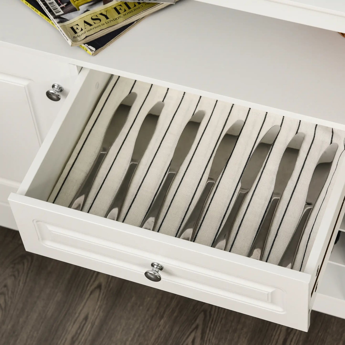 Modern Kitchen Buffet Cabinet, Drawer, 12-Bottle Wine Rack, White