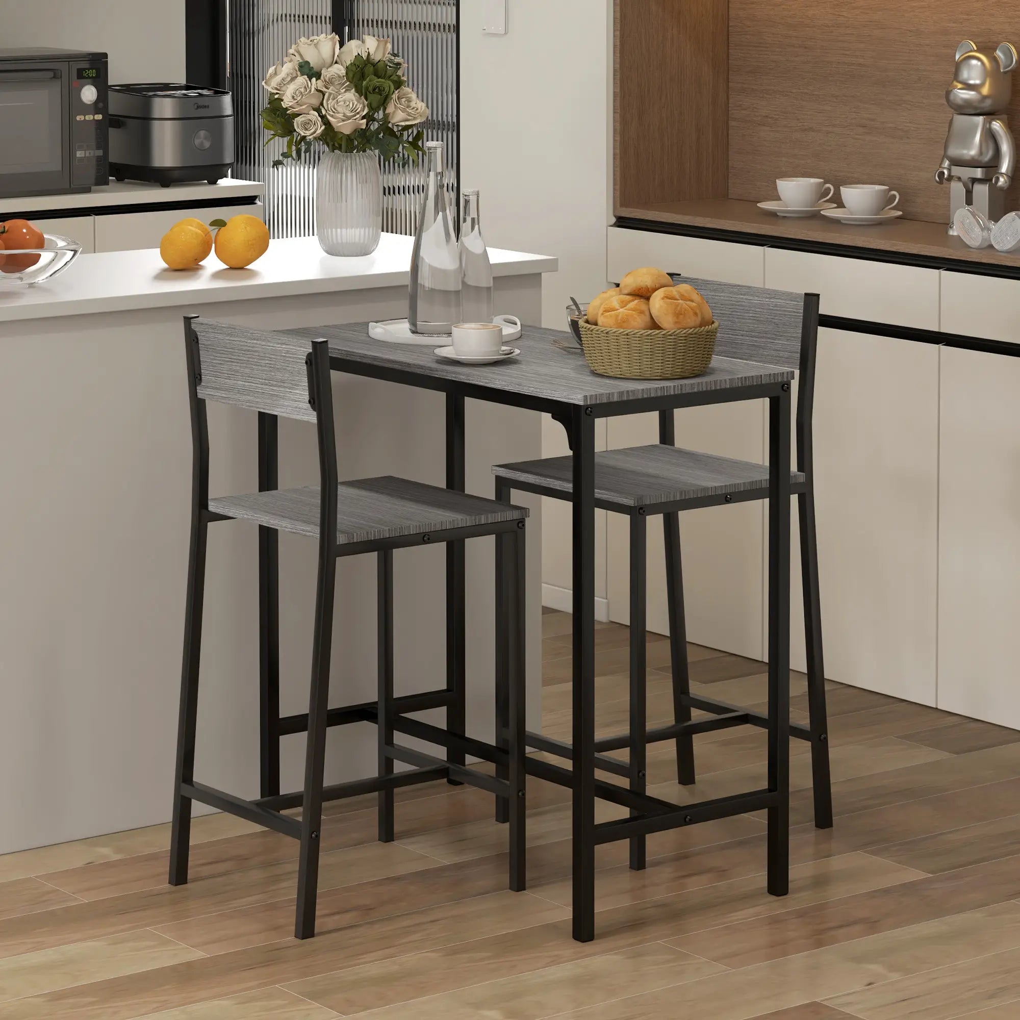 Industrial Bar Table Set, 3 Piece Counter Height, 2 High Back Stools, Grey Bar Sets at Gallery Canada