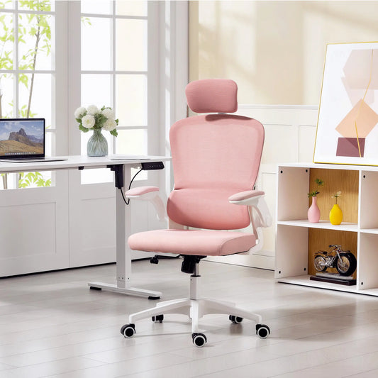 Ergonomic Mesh Office Chair, High Back, Rotatable Headrest, Flip-Up Armrests, Lumbar Support, Pink Task Chairs Pink at Gallery Canada