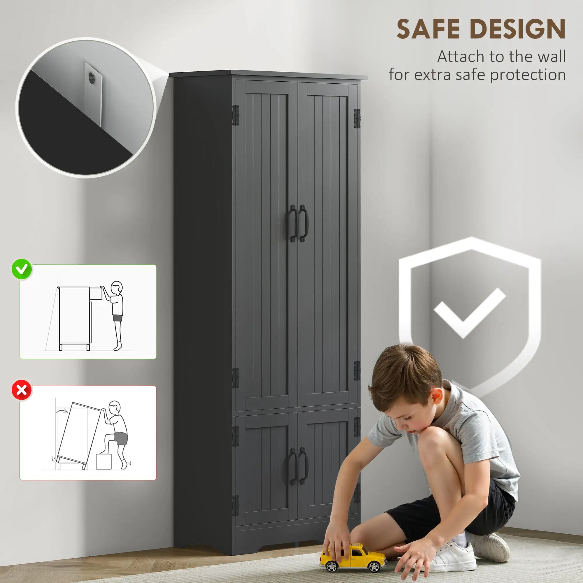 60 Inch 4-Door Storage Cabinet, Adjustable Shelves, Black Kitchen Pantry Cabinets at Gallery Canada