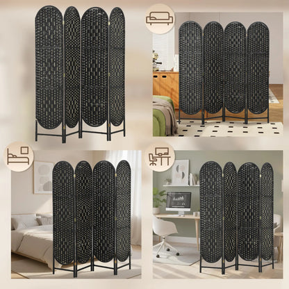 Bohemian Privacy Screen, 4 Panel Folding Room Divider, Arched Top, Black Room Dividers at Gallery Canada