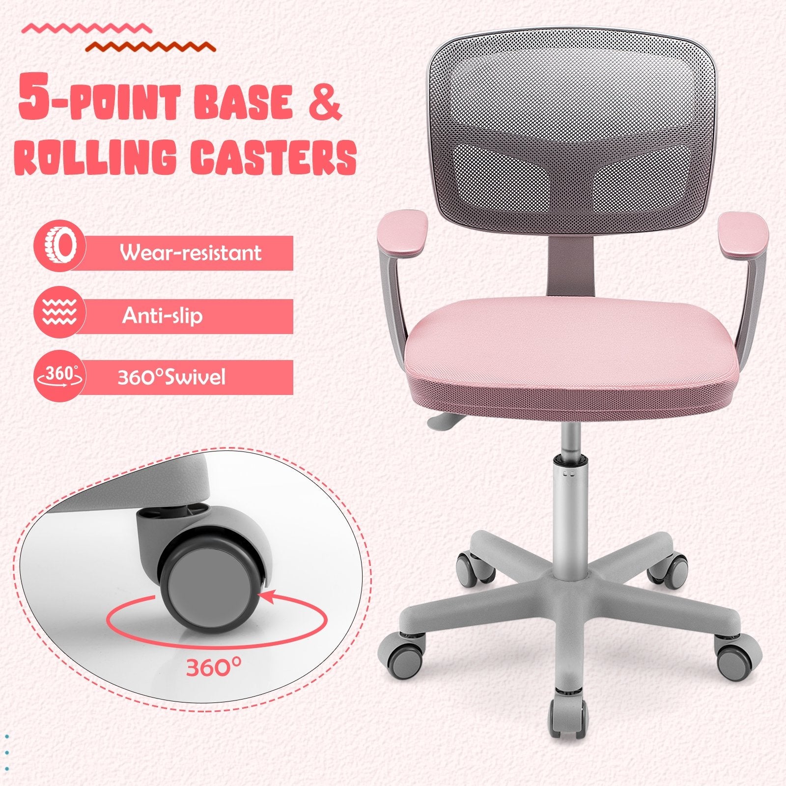 Adjustable Desk Chair with Auto Brake Casters for Kids, Pink - Gallery Canada