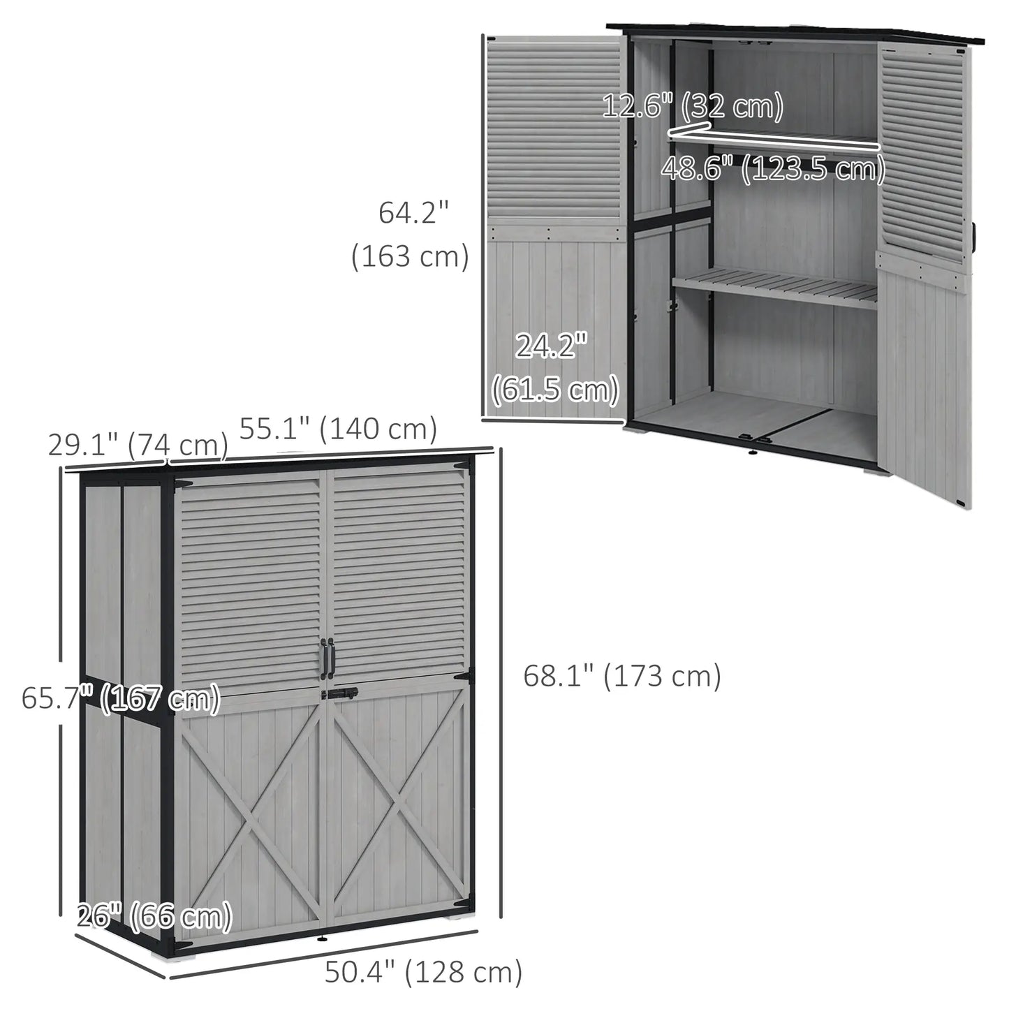 Outdoor Storage Cabinet, Wood Garden Shed, Steel Frame, Asphalt Roof, 2 Shelves, Lockable Doors, Grey Sheds at Gallery Canada