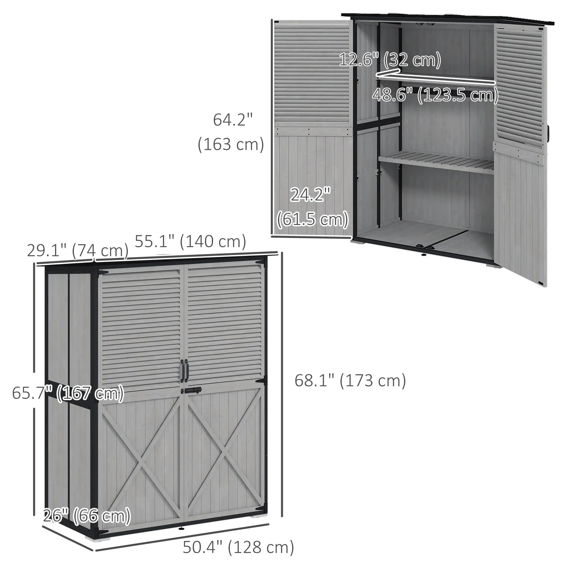 Outdoor Storage Cabinet, Wood Garden Shed, Steel Frame, Asphalt Roof, 2 Shelves, Lockable Doors, Grey Sheds at Gallery Canada