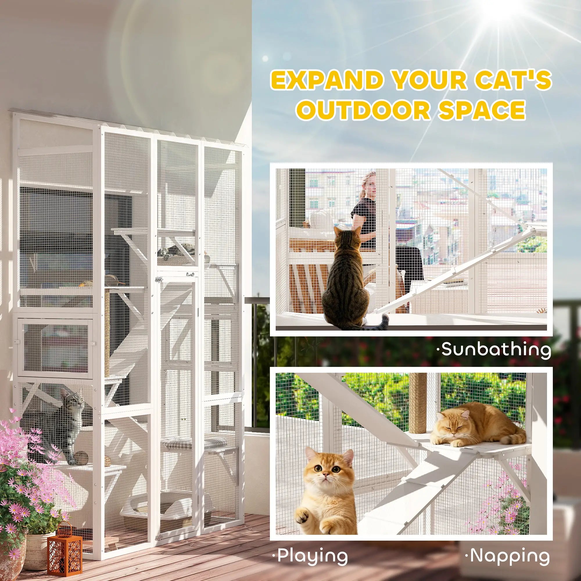 Wooden Catio Outdoor Cat Enclosure, 6 Platforms, Scratching Post, 2 Ramps, Waterproof Roof, White Outdoor Cat Enclosures at Gallery Canada