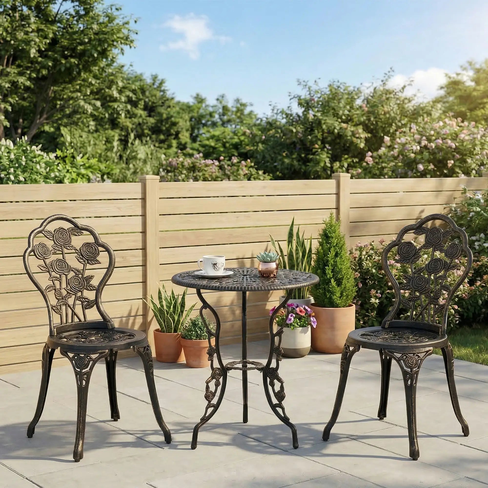 3 Piece Aluminum Bistro Set with Umbrella Hole, Bronze Bistro Sets at Gallery Canada