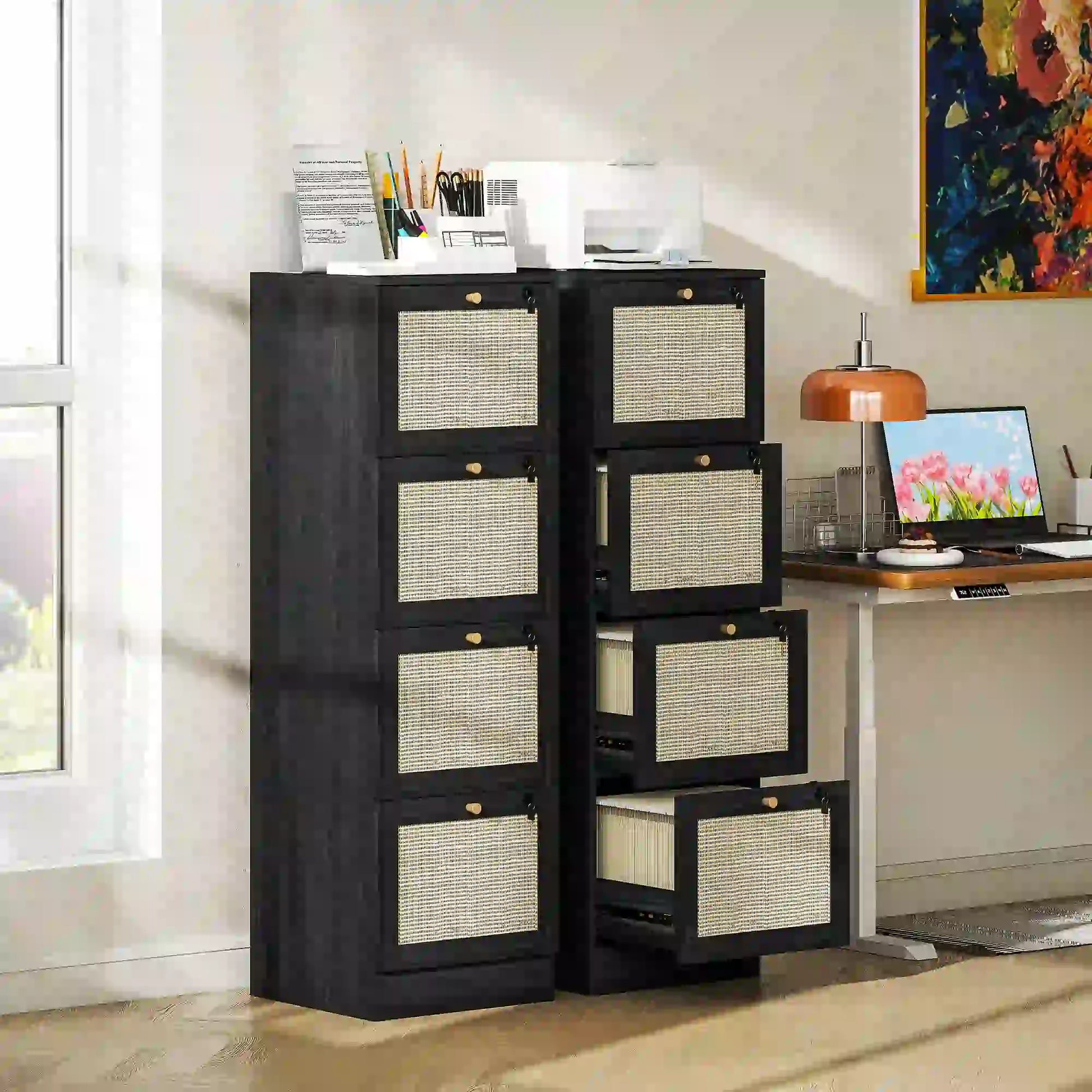 4 Drawer Filing Cabinet with Lock, Boho Style, A4 Letter Size, Black Office Cabinets & Cupboards at Gallery Canada