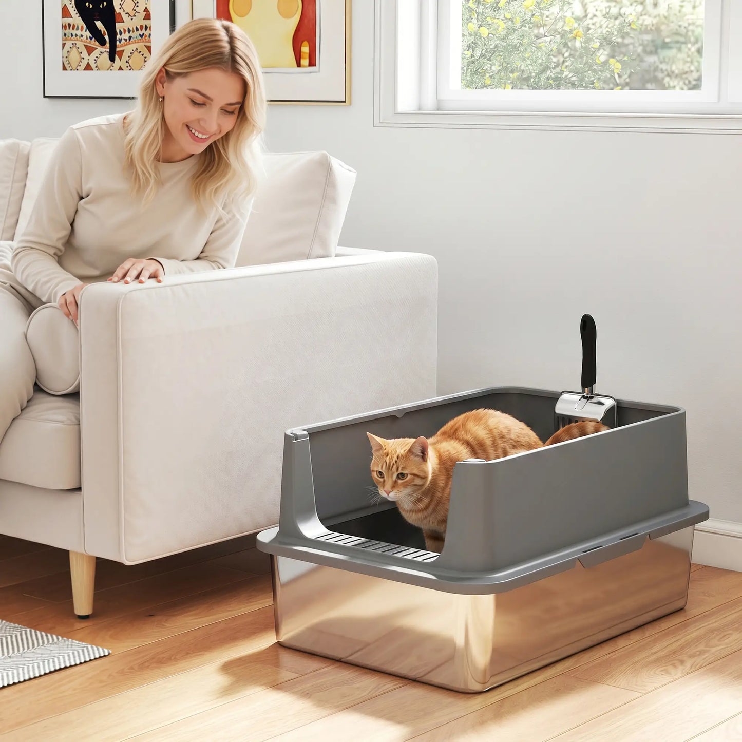 XL Stainless Steel Cat Litter Box, High Wall, Odor Free, Steel
