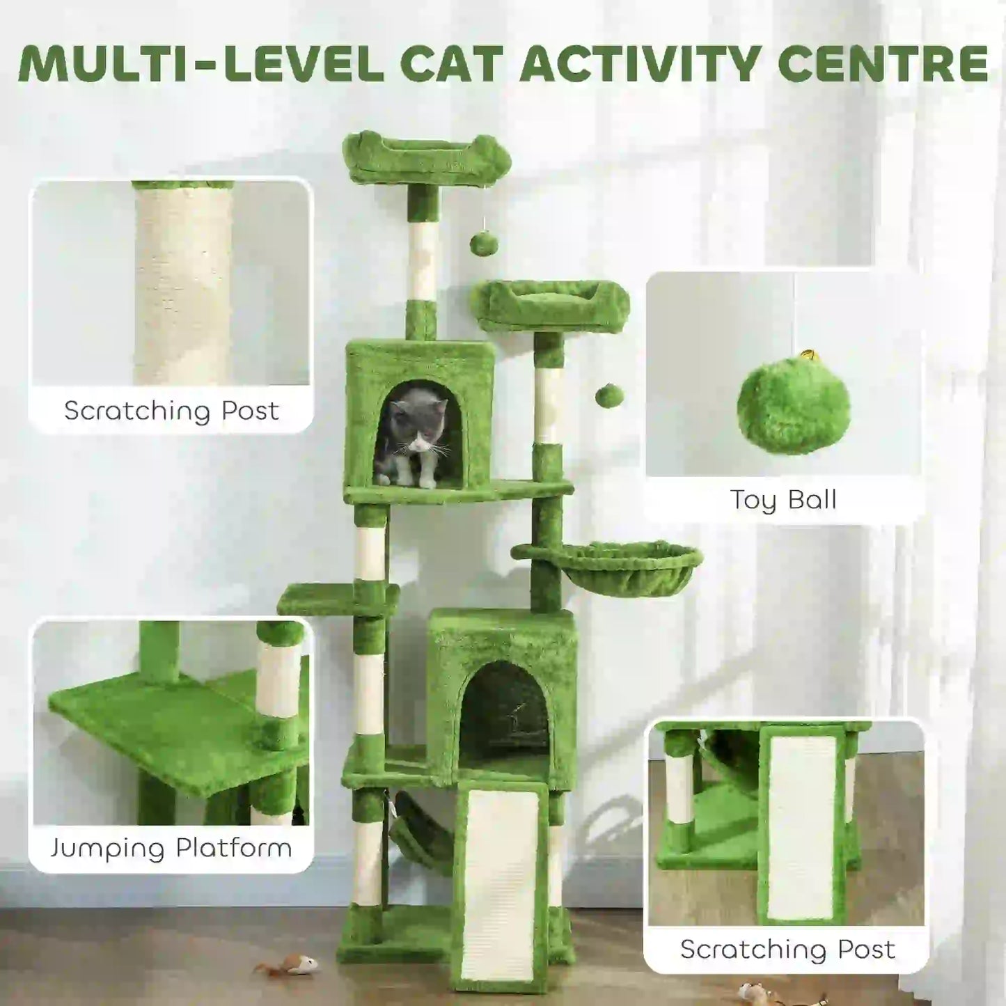 Cat Tree, 70 Inch Multi-Level Tower, 2 Condos, 2 Perches, Hammock, Green Cat Towers at Gallery Canada