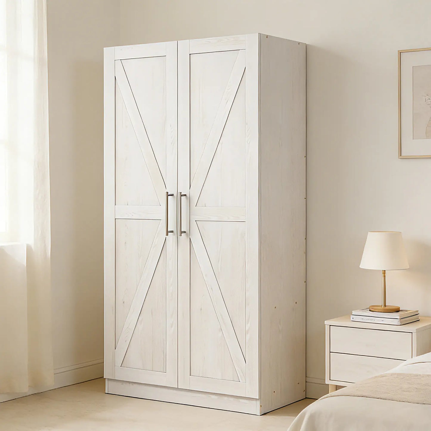 Farmhouse Armoire Wardrobe, 2 Barn Doors, White Wood Effect, White